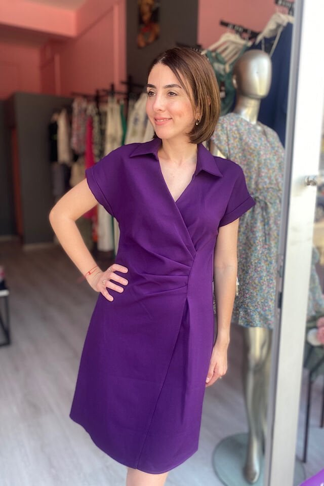 Pens Detaylı Double Kumaş Elbise-Mor