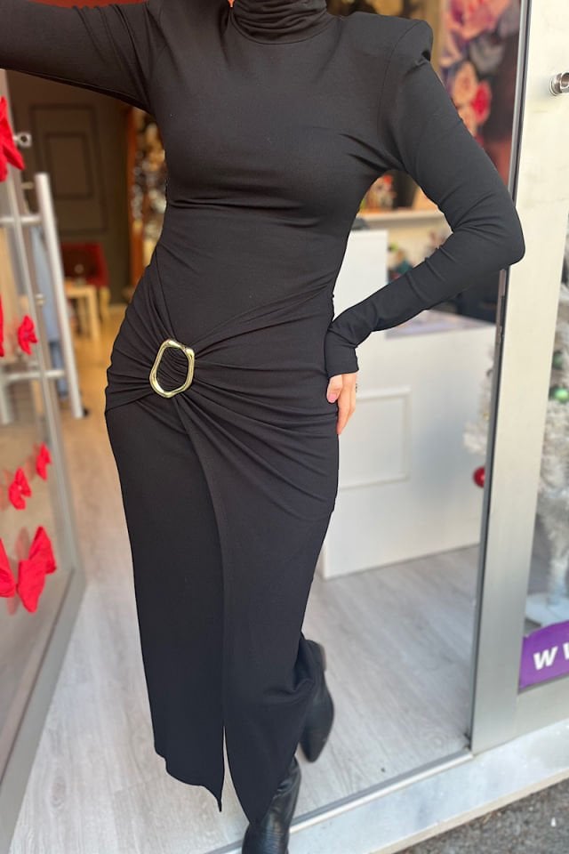 Vatkalı Toka Detay Elbise-Siyah