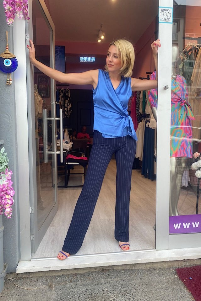 Kruvaze Saten Bluz-İndigo