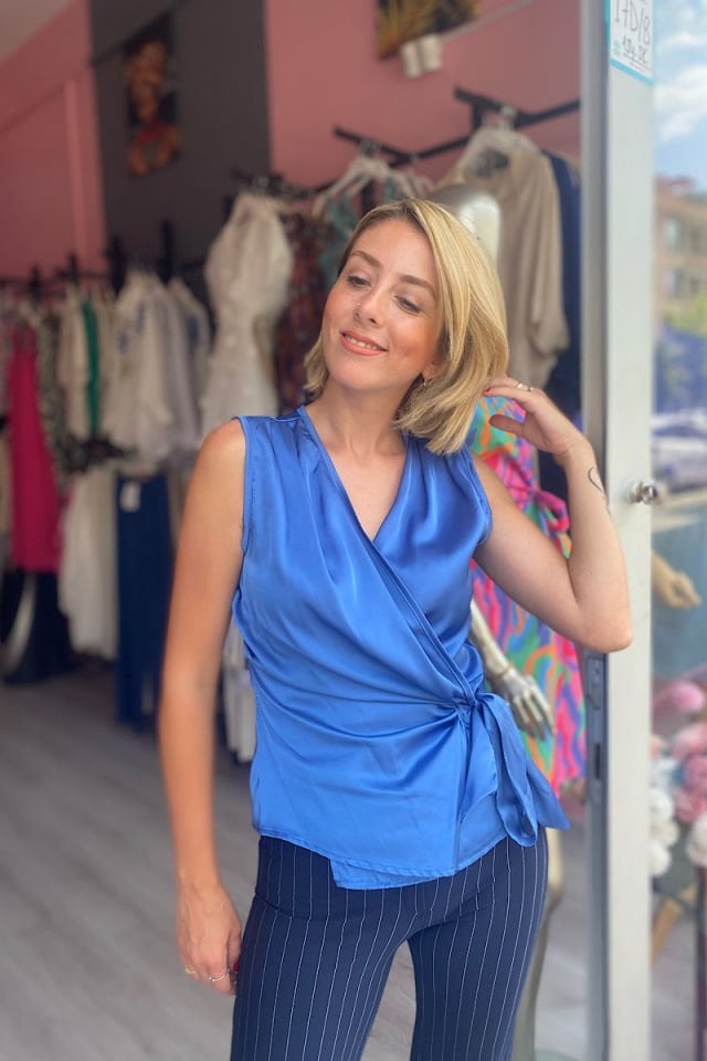 Kruvaze Saten Bluz-İndigo