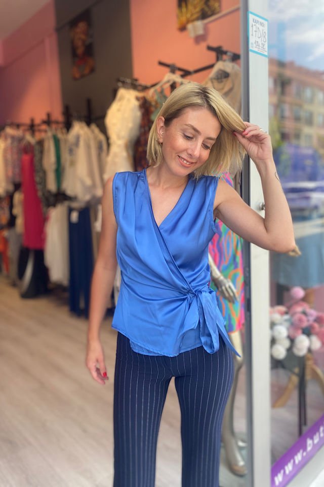 Kruvaze Saten Bluz-İndigo