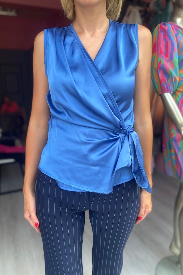 Kruvaze Saten Bluz-İndigo