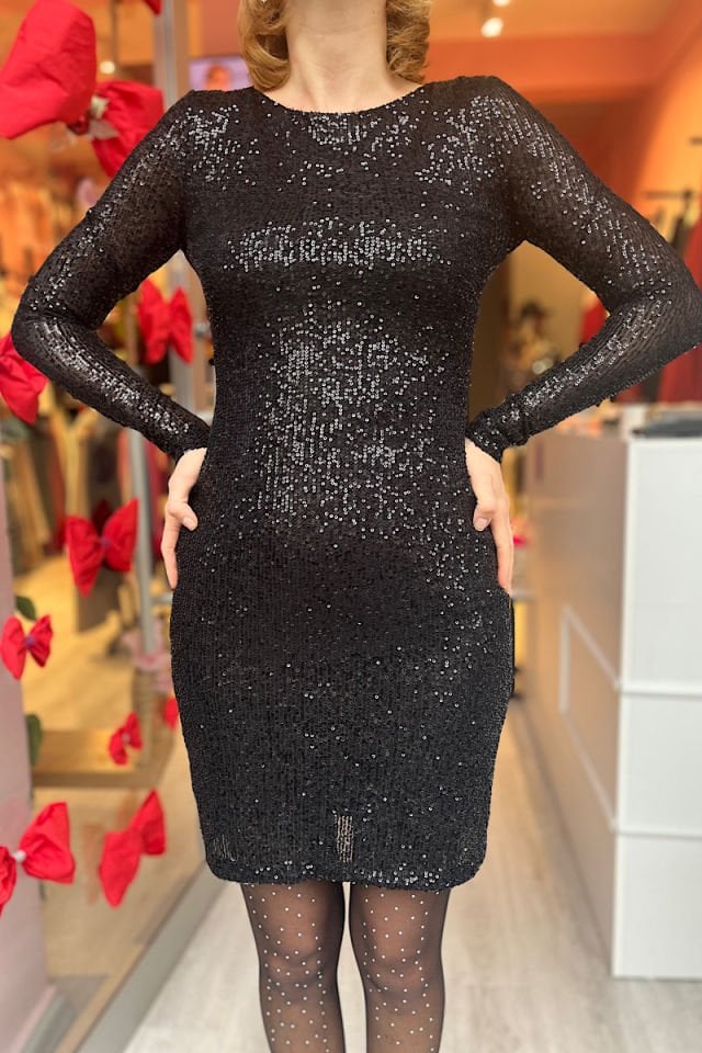 Sırtı Fiyonklu Pullu Elbise-Siyah