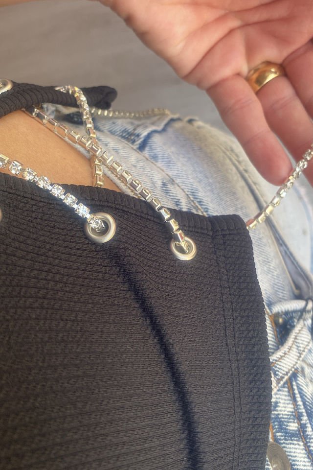 Kuş Gözü Taş Geçirmeli Bluz-Siyah