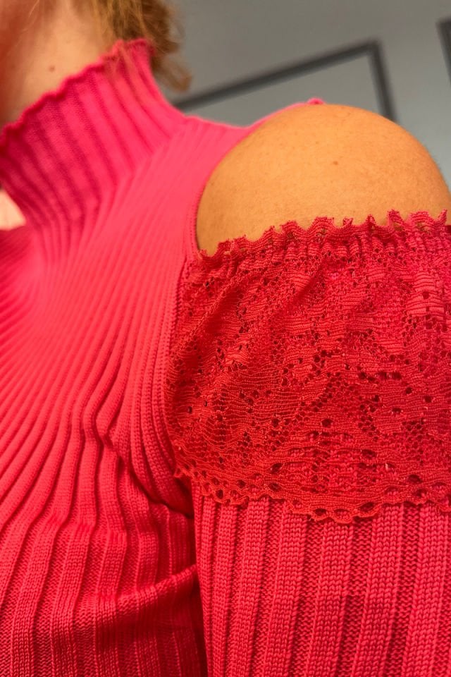 Fitilli Omuz Dekolteli Çelik Örme Triko-Fuşya