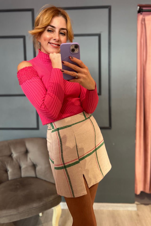 Fitilli Omuz Dekolteli Çelik Örme Triko-Fuşya