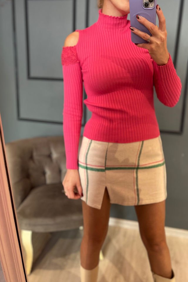 Fitilli Omuz Dekolteli Çelik Örme Triko-Fuşya