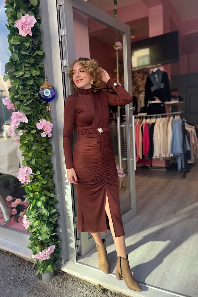 Kalp Toka Kemerli Elbise-Acı Kahve