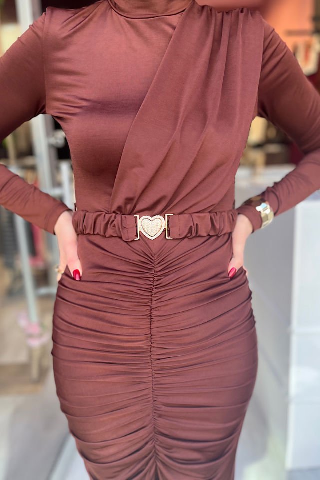 Kalp Toka Kemerli Elbise-Acı Kahve