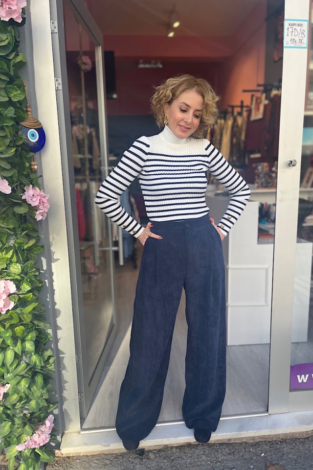 Yüksek Bel Pensli Kadife Pantolon-Lacivert