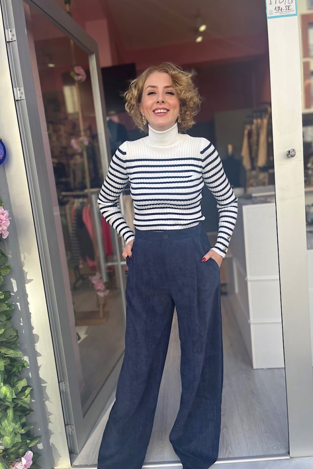 Yüksek Bel Pensli Kadife Pantolon-Lacivert