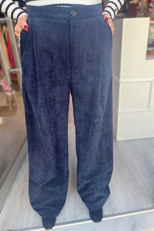 Yüksek Bel Pensli Kadife Pantolon-Lacivert