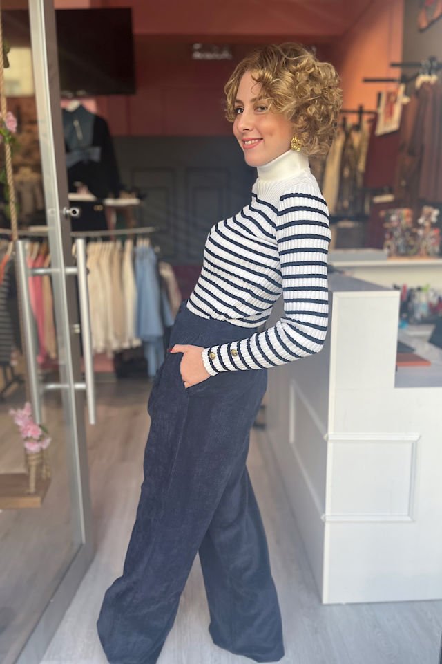 Yüksek Bel Pensli Kadife Pantolon-Lacivert