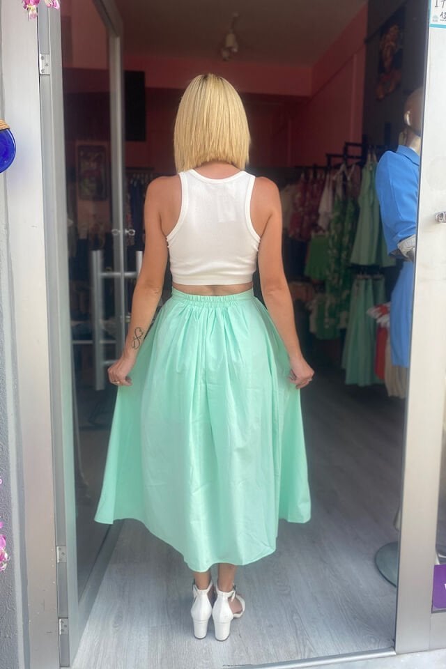 Pili Detaylı Uzun Etek -Mint