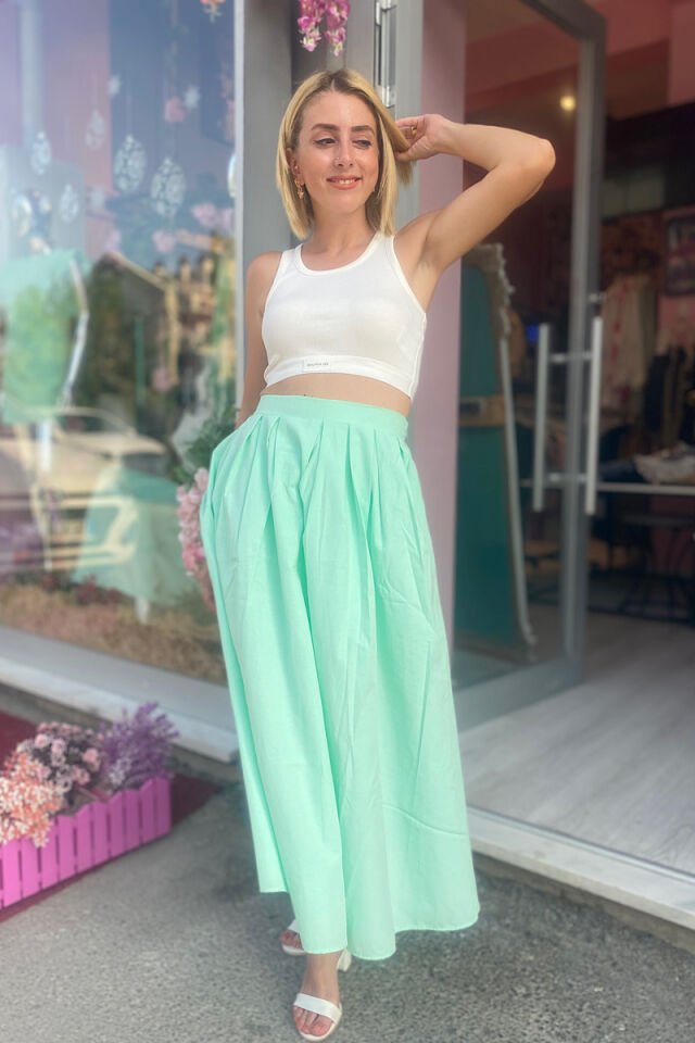 Pili Detaylı Uzun Etek -Mint