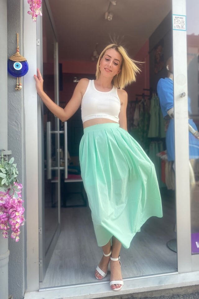 Pili Detaylı Uzun Etek -Mint