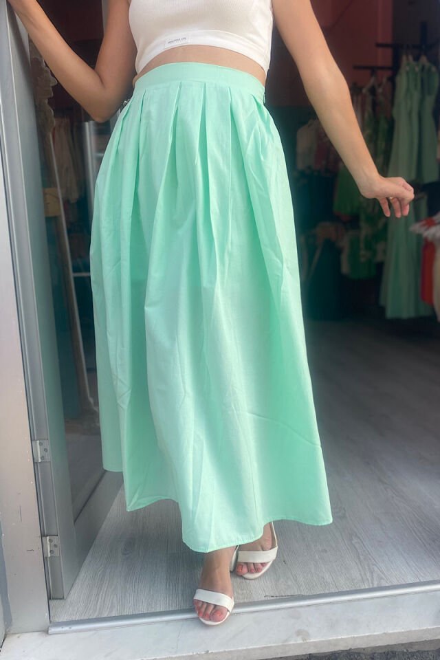 Pili Detaylı Uzun Etek -Mint
