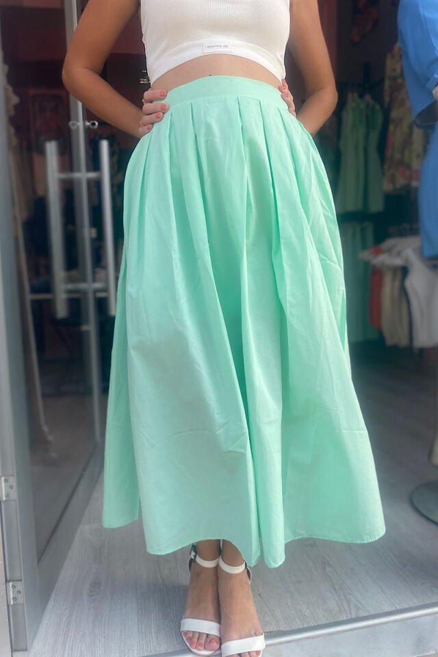 Pili Detaylı Uzun Etek -Mint
