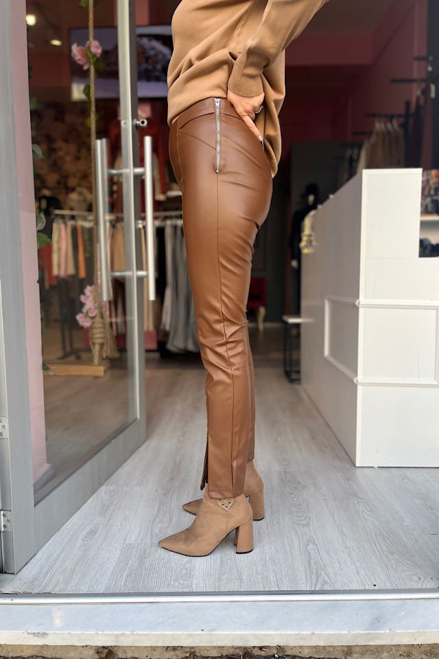 Paçası Fermuarlı Deri Pantolon-Acı Kahve