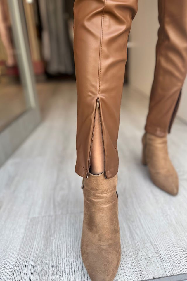 Paçası Fermuarlı Deri Pantolon-Acı Kahve