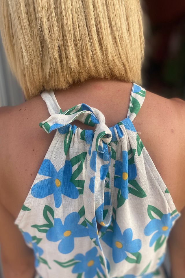 Halter Kesim Bağlamalı Keten Elbise