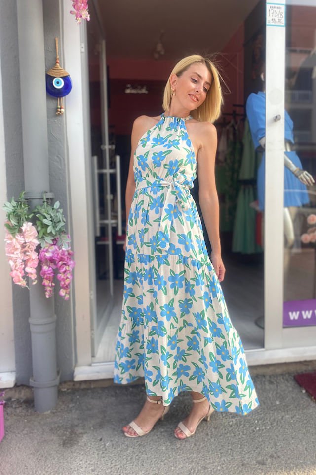 Halter Kesim Bağlamalı Keten Elbise