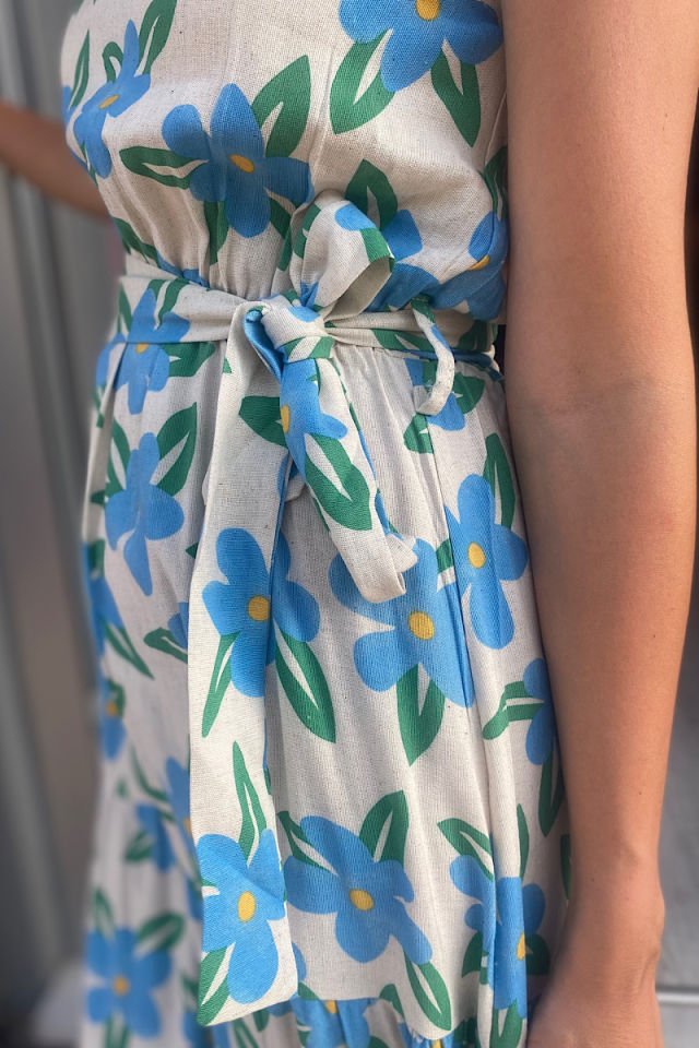 Halter Kesim Bağlamalı Keten Elbise