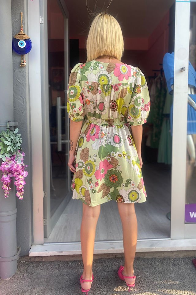 Çiçek Desenli Keten Elbise