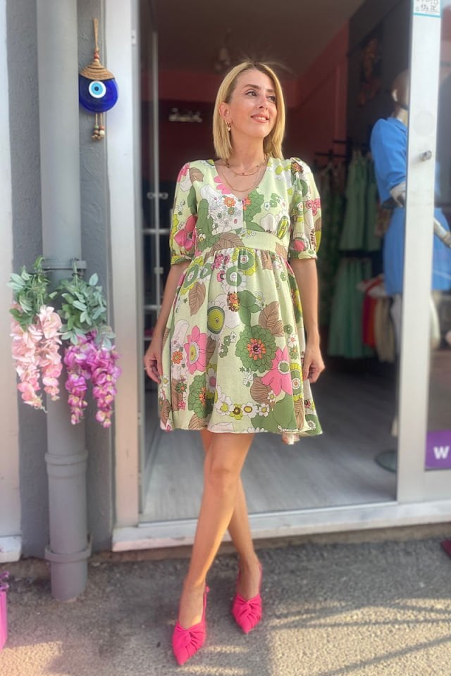 Çiçek Desenli Keten Elbise