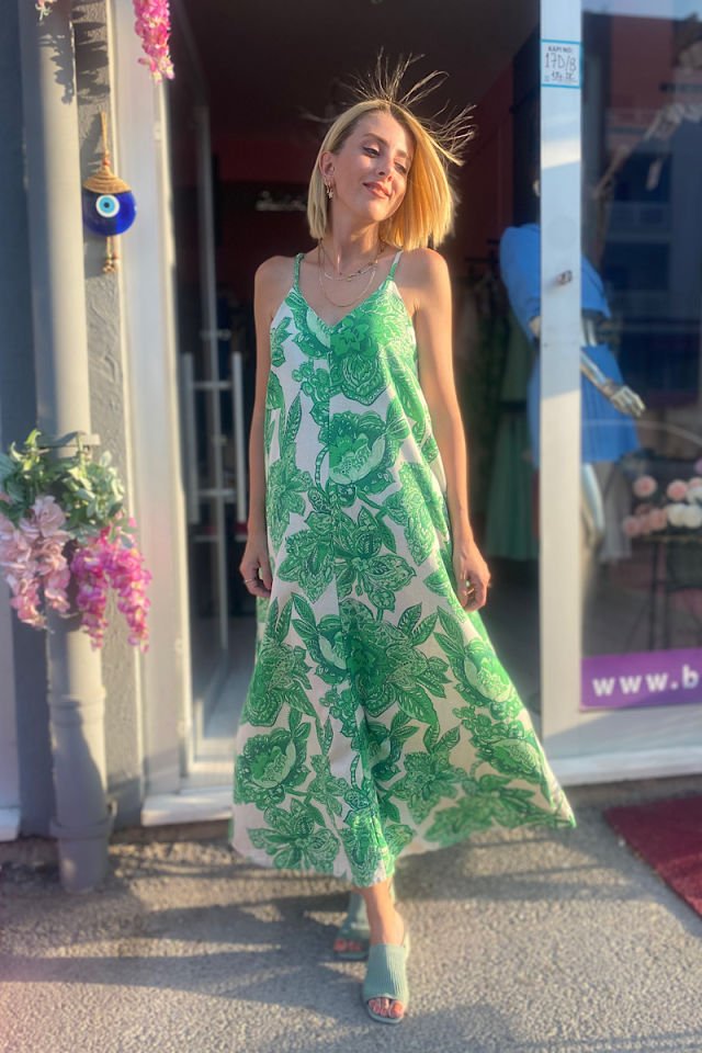 Çiçek Desenli Askılı Keten Elbise