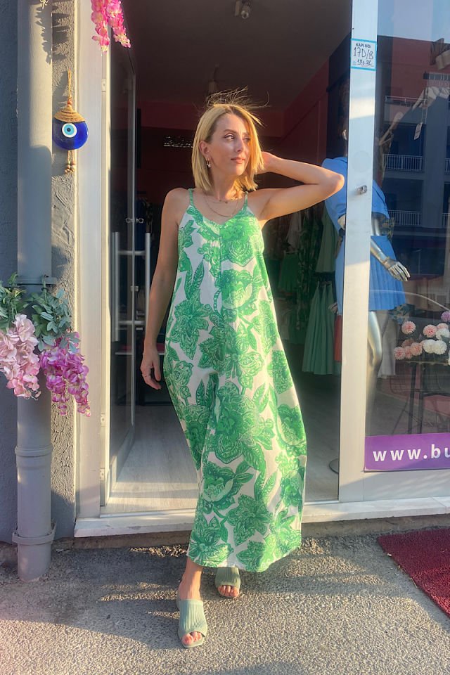 Çiçek Desenli Askılı Keten Elbise