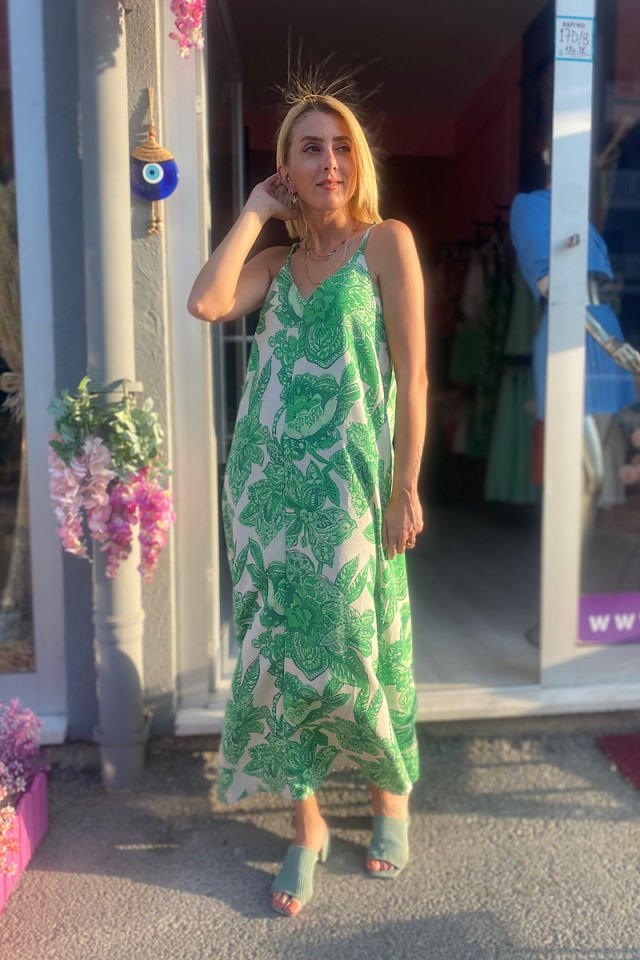 Çiçek Desenli Askılı Keten Elbise