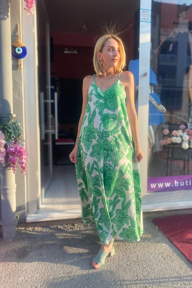 Çiçek Desenli Askılı Keten Elbise