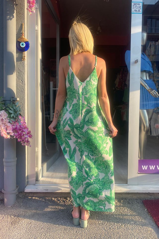 Çiçek Desenli Askılı Keten Elbise