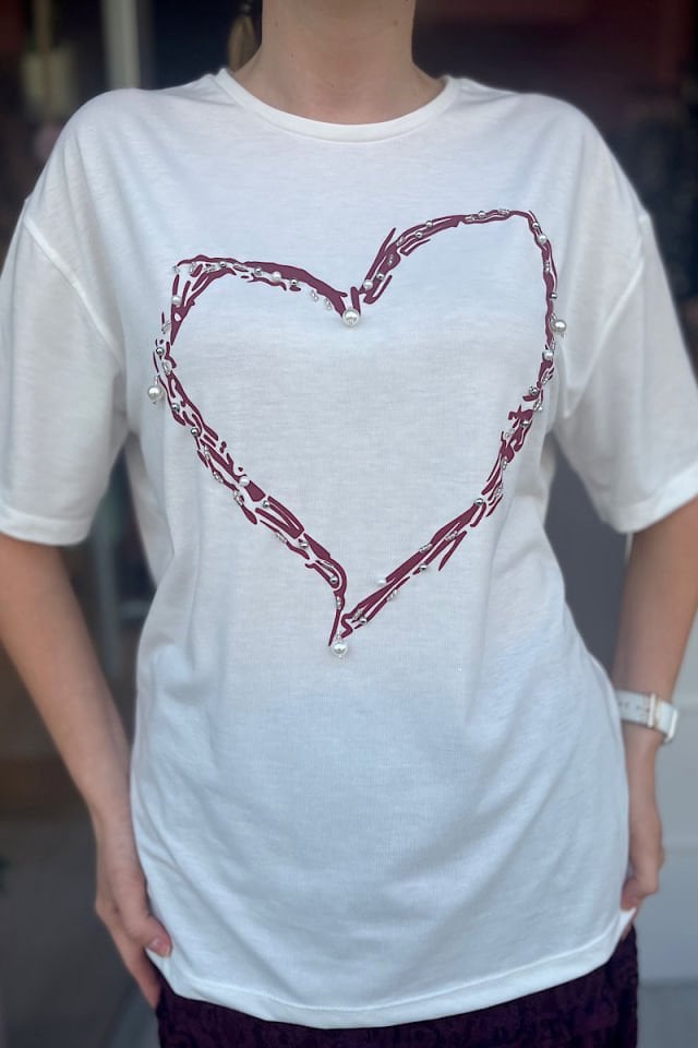 İncili Kalp Detaylı Tişört-Ekru