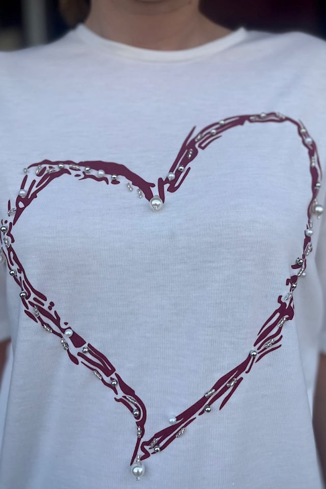 İncili Kalp Detaylı Tişört-Ekru