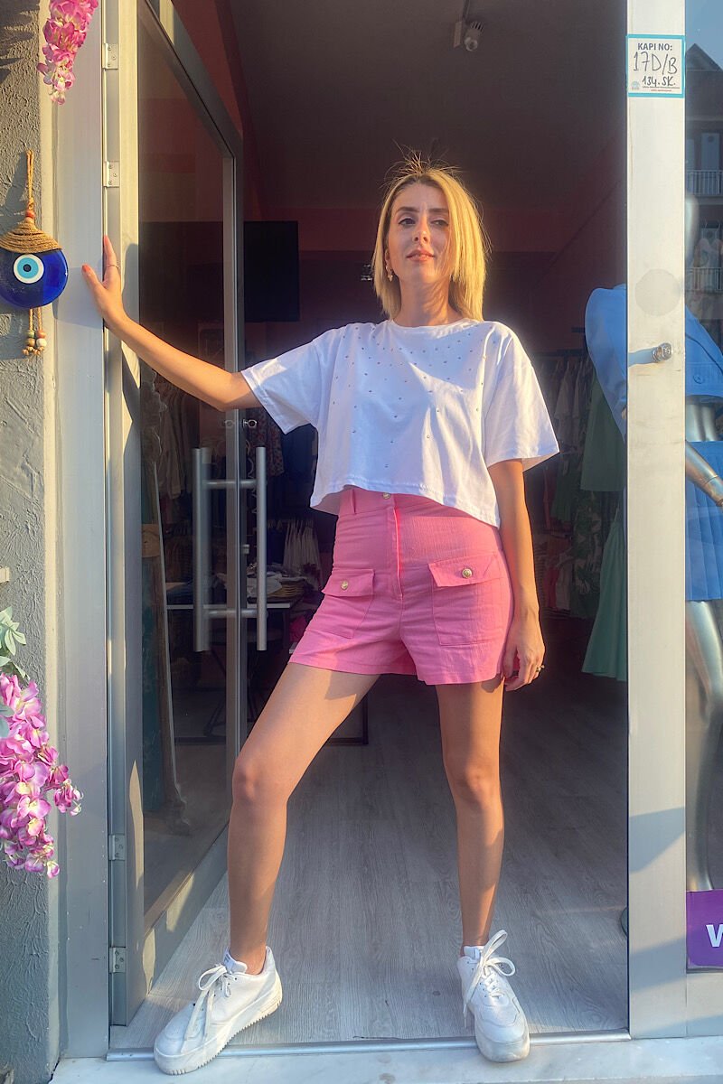 İki Cepli Şort -Pembe