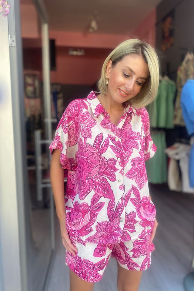 Çiçekli Keten Takım-Fuşya