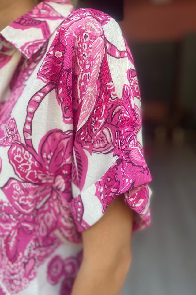 Çiçekli Keten Takım-Fuşya