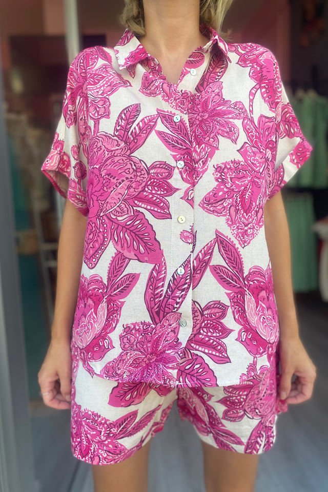 Çiçekli Keten Takım-Fuşya