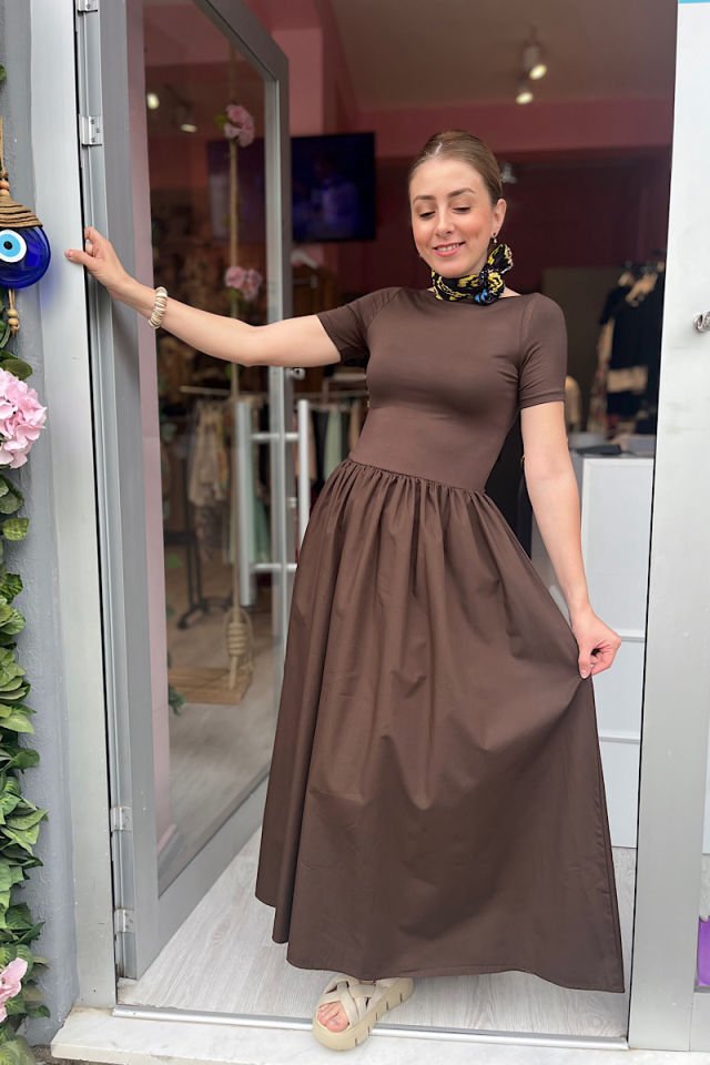 Kısa Kollu Poplin Garnili Elbise-Acı Kahve