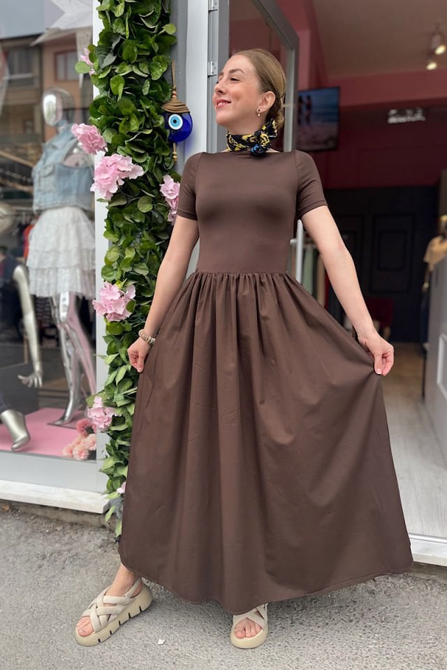 Kısa Kollu Poplin Garnili Elbise-Acı Kahve