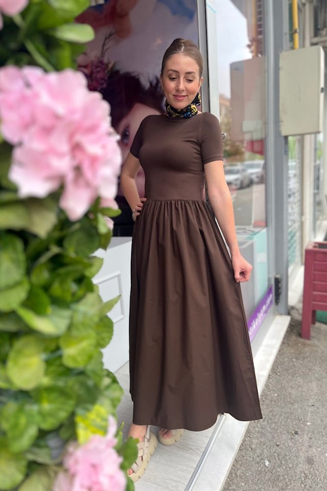 Kısa Kollu Poplin Garnili Elbise-Acı Kahve