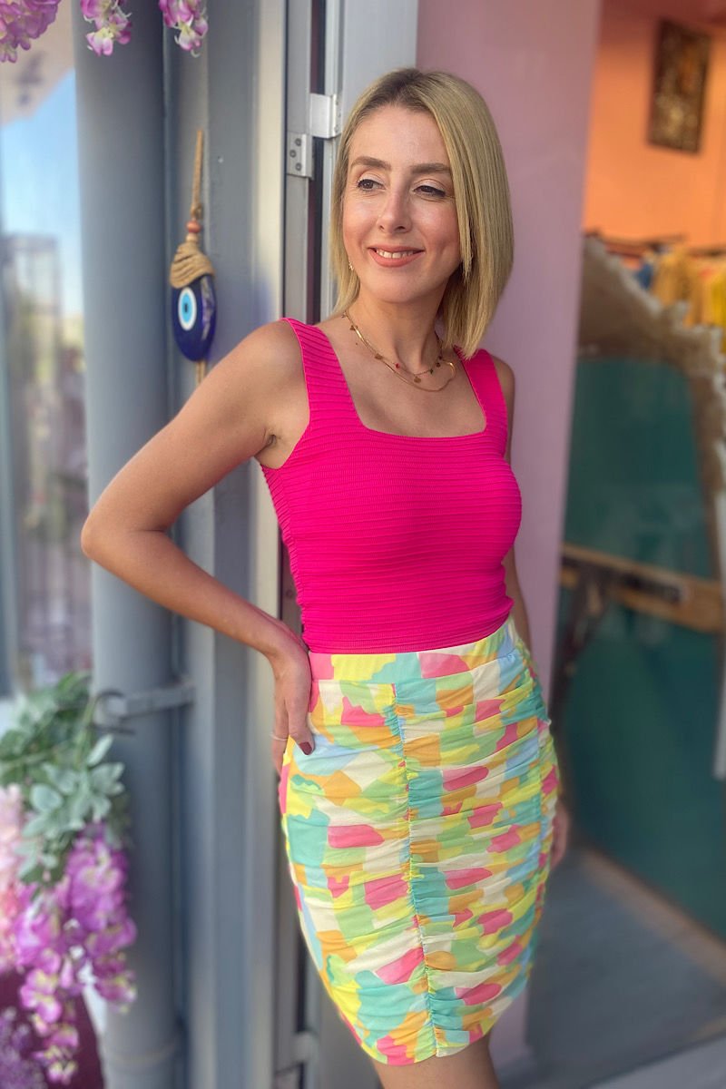 Kabartma Çizgili Kare Yaka Atlet-Fuşya