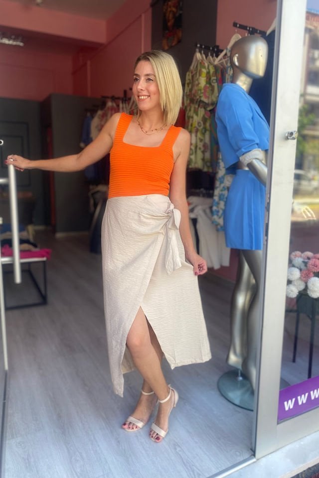 Kabartma Çizgili Kare Yaka Atlet-Oranj