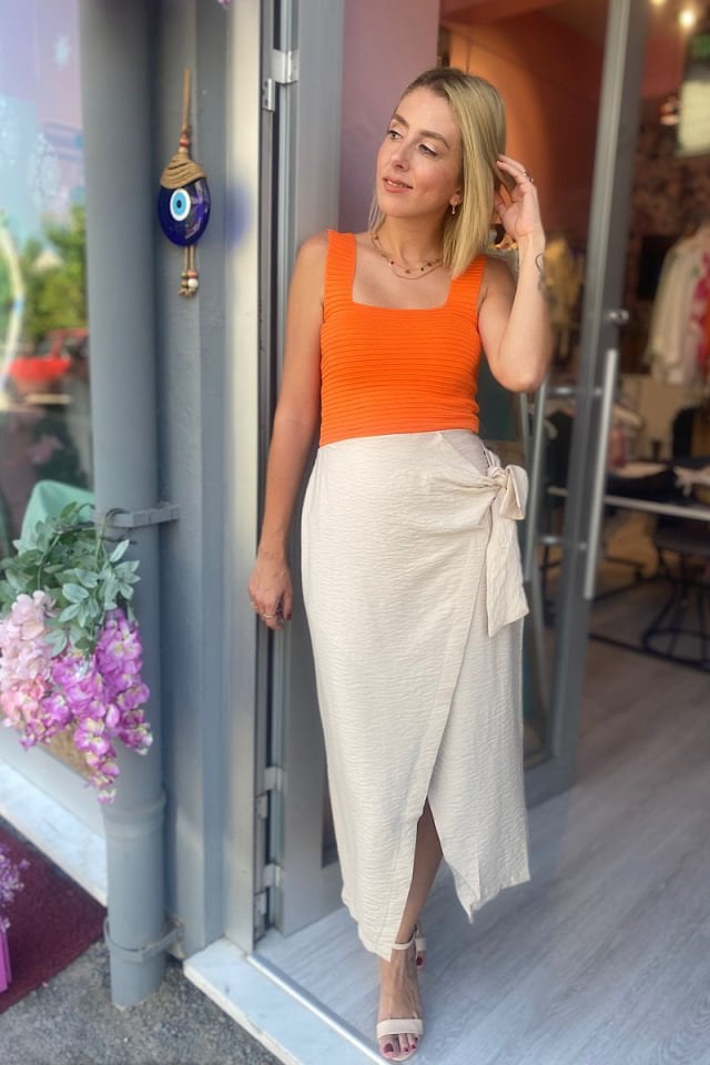 Kabartma Çizgili Kare Yaka Atlet-Oranj