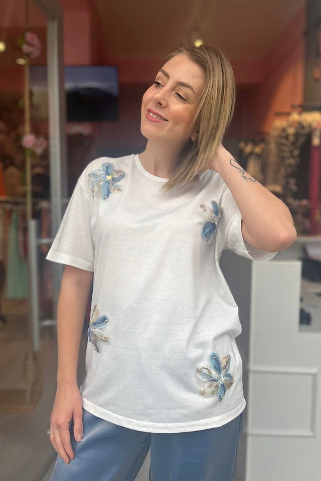 Çiçekli Tişört -İndigo