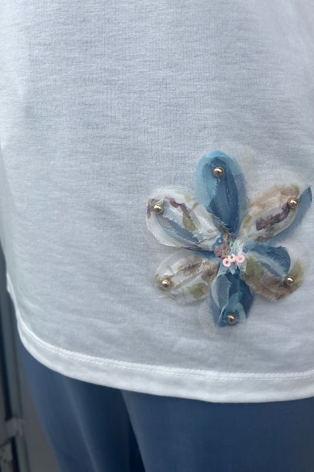 Çiçekli Tişört -İndigo