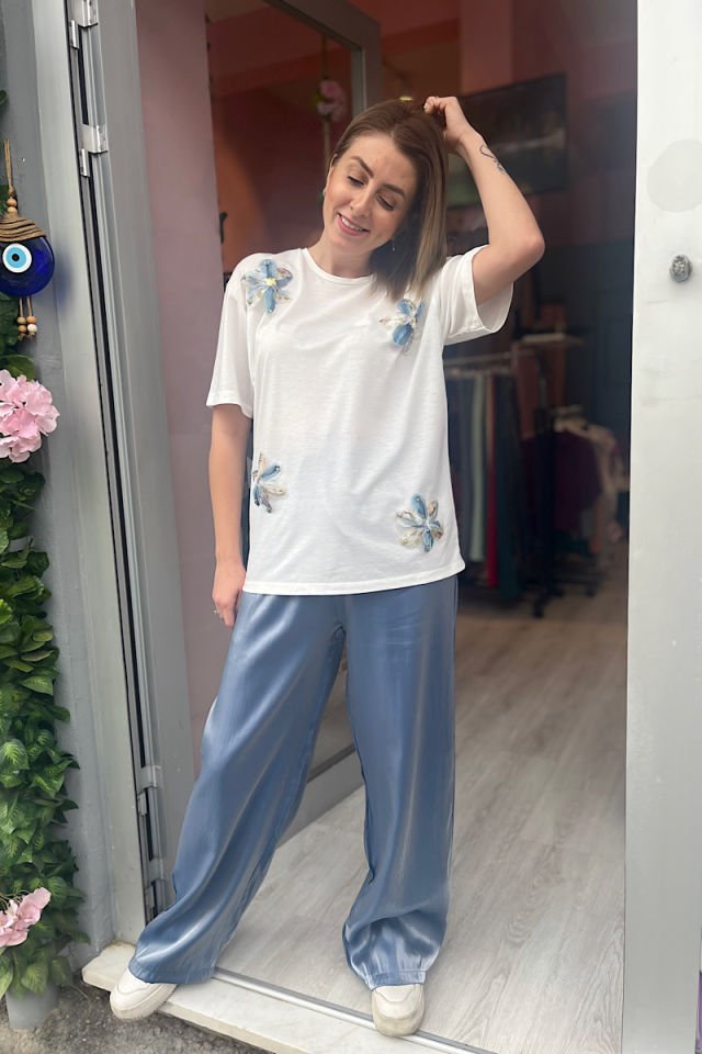 Çiçekli Tişört -İndigo