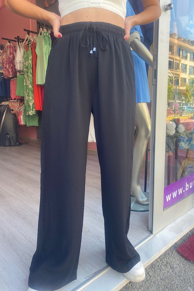 Beli Lastikli Bol Paça Pantolon-Siyah